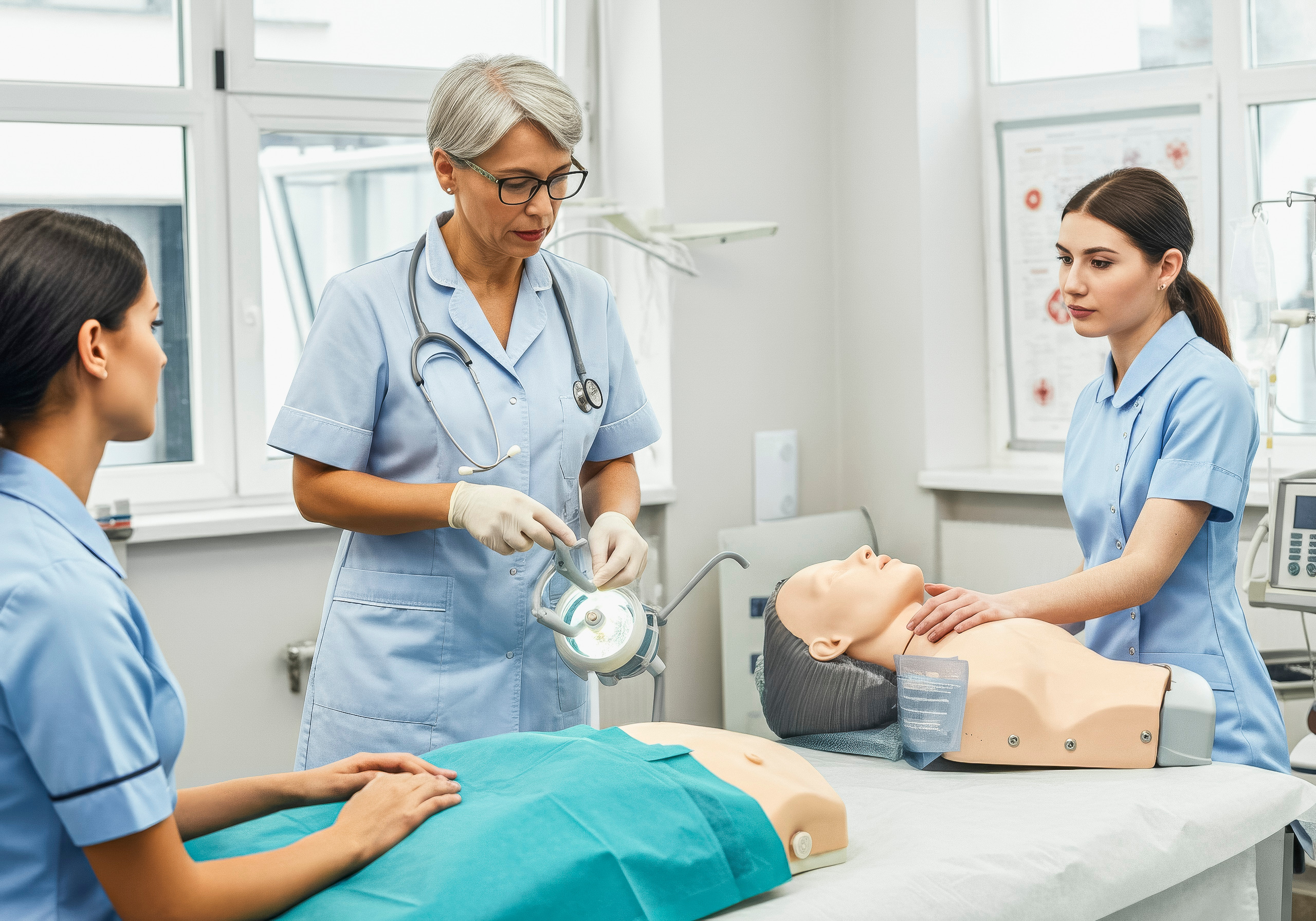 Ärztin erkläutert medizinische Trainingsmodelle Ärztin erkläutert medizinische Trainingsmodelle